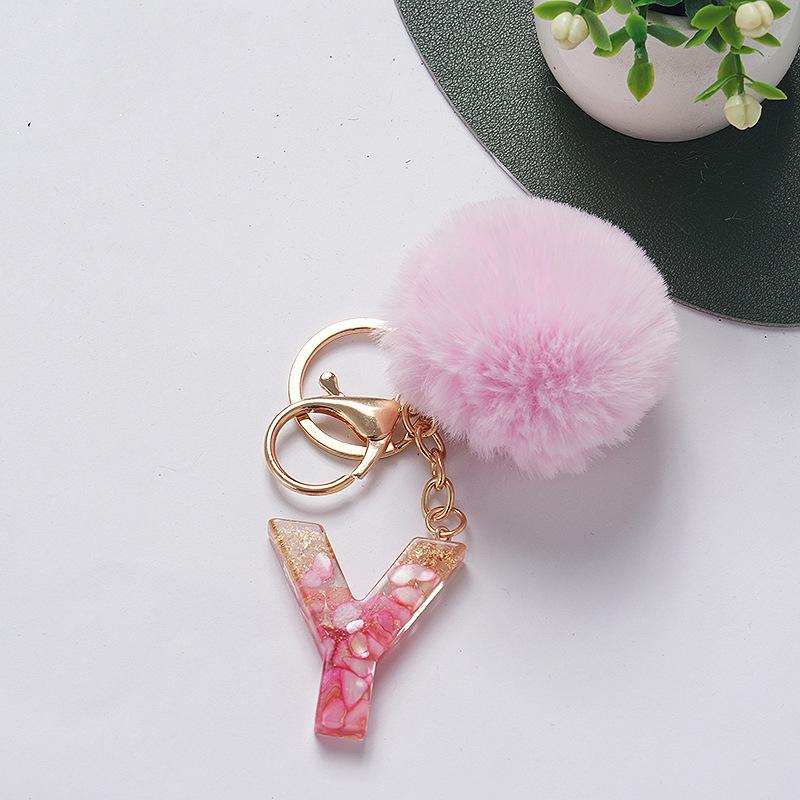 Niedlicher Schlüsselanhänger Rosa Pompom Fellkugel 26 Buchstaben Schlüsselanhänger Harz Schlüsselanhänger Handtaschenanhänger Für Frau Ornamente Accessoires Geschenk