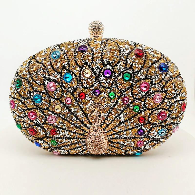 

Circular Design Women Evening Bags Rhinestones Party Wedding Bridal Clutch Bag Diamonds Metal Peacock Animal Small Handbags золотой
