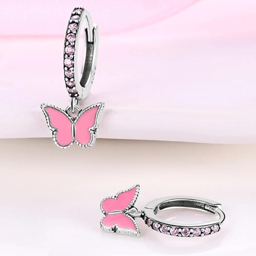 Женские серьги-кольца Серебристые Минималистичные Розовая Бабочка Для Женщин Серьги Украшения Подарки