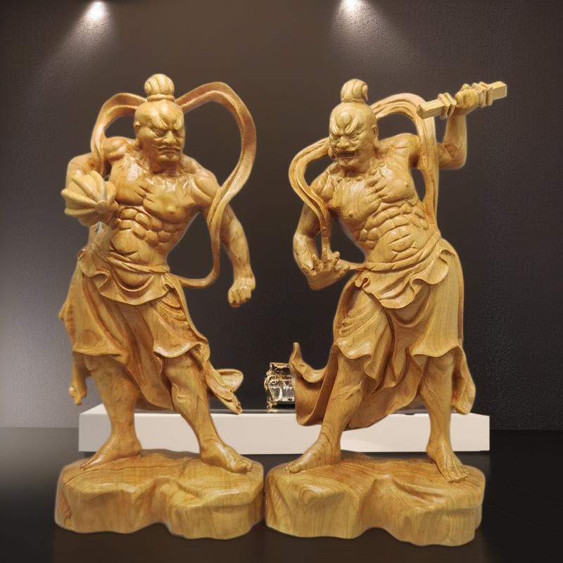 Wood Carving Hum Ha Two Will Door God Statue  Chinese Mythological Figure Home Living Room Office Feng Shui Guardian StatueApair