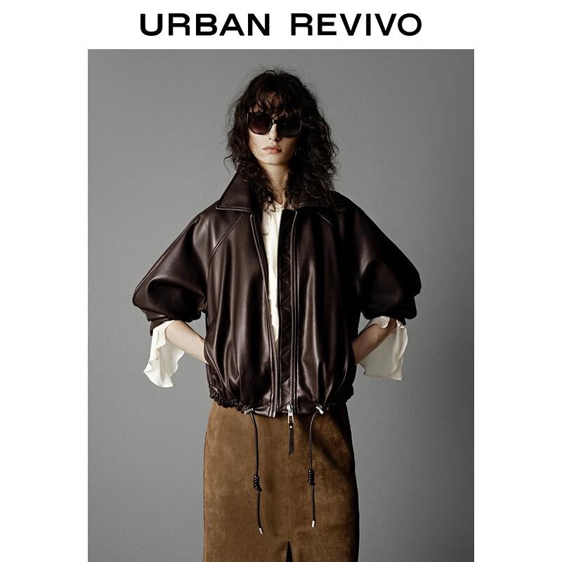 UR 2025 Autumn Retro Oversized Drawstring Faux Leather Jacket