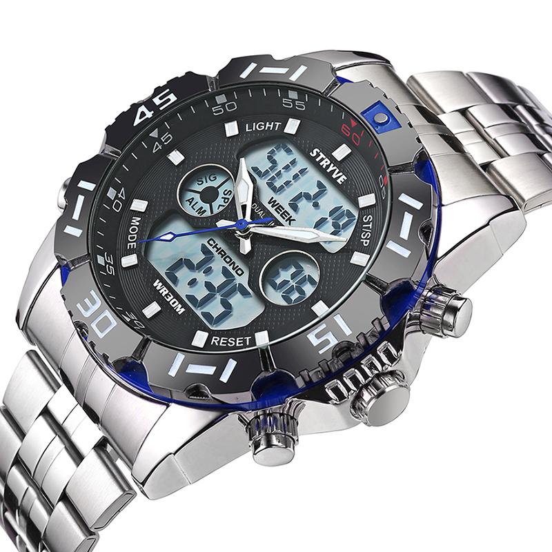 Stryve 8011 Brand Watches Men Quartz Led Male Sport Clock Stainless Steel Luxury Waterproof Digital Watch With Gift Box