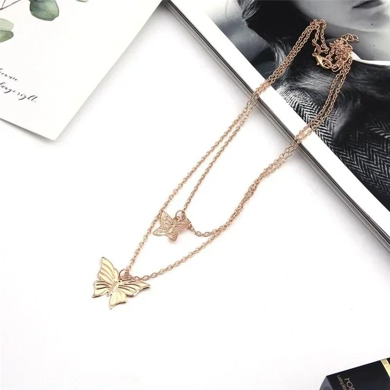 Fashion Punk Classic Double Layer Butterfly Necklace Wedding Jewelry Collar Chain Pendant Neckchain Accessories Creative Gifts