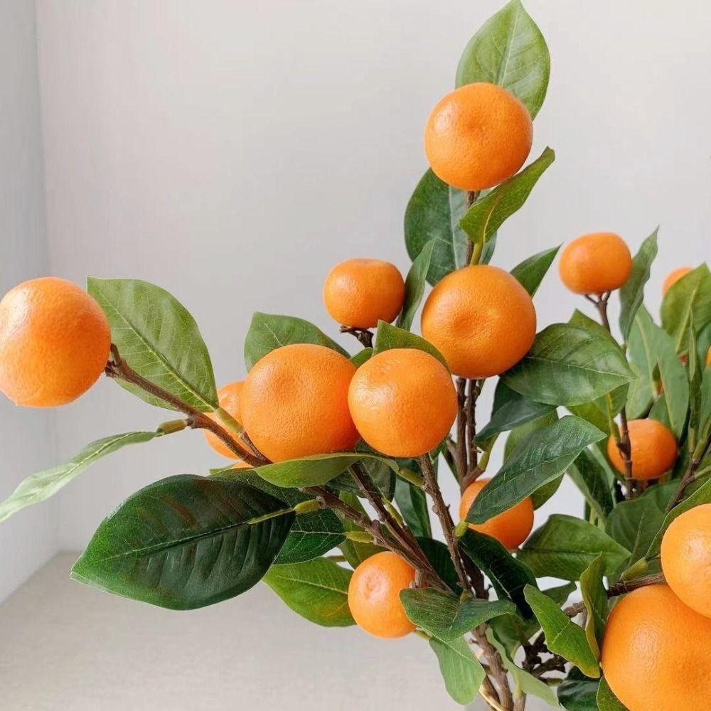 Plastic Realistic Imitation Fruit Stem Green Leaves Simulation Orange  Wall Hanging Decor