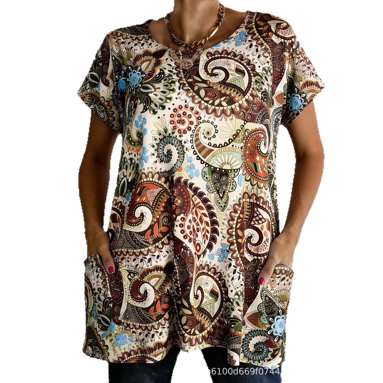 Women s Plus Size Bohemian Print Retro Short-Sleeve T-Shirt for Spring/Summer L
