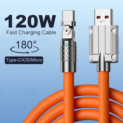 Cavo USB di tipo C ruotabile a 180° Ricarica rapida Cavo in silicone liquido 120W 6A per IPhone