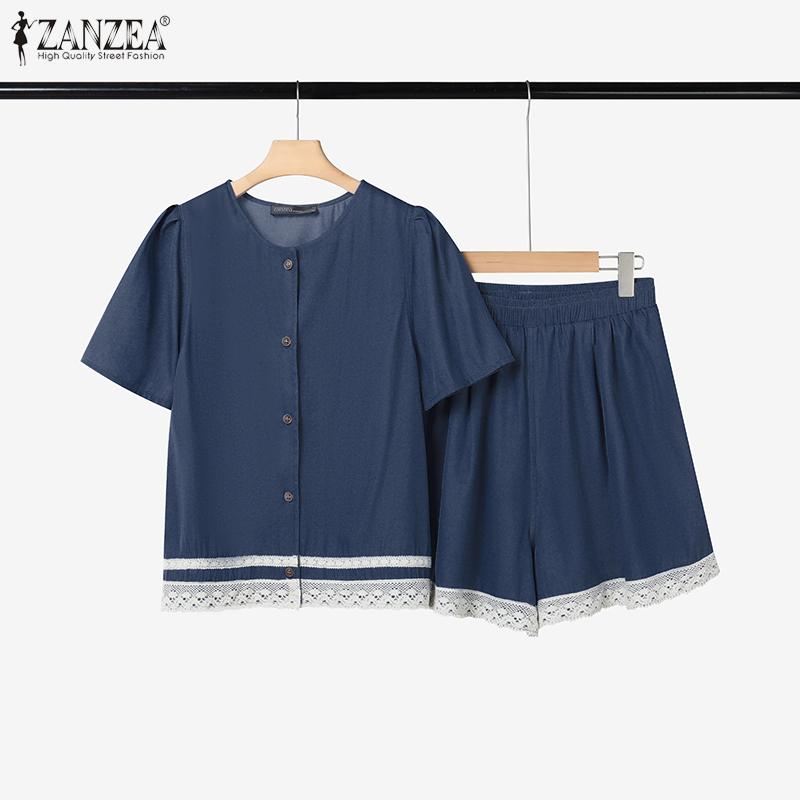ZANZEA Women Short Sleeve Blouse and Shorts Summer Two Piece Suit Sets