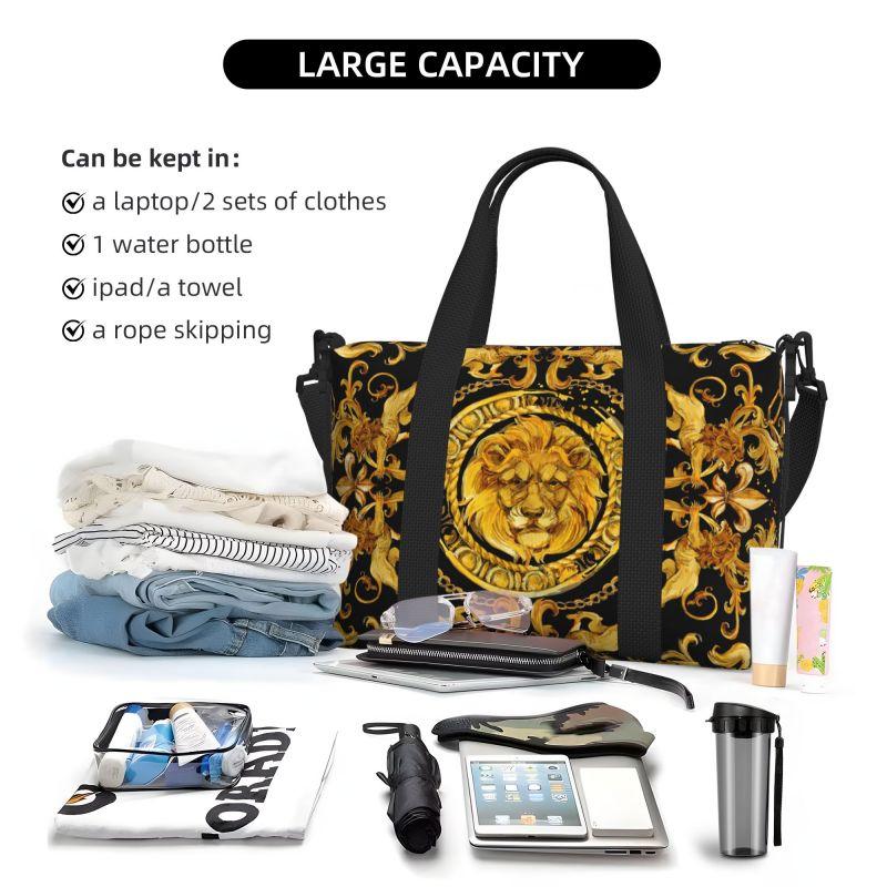 Goldener Löwe Barockmuster Reise-Duffelbag Personalisierte Weekender Übernachtungstaschen mit Schultergurt Unisex Sport-Gymnastiktasche