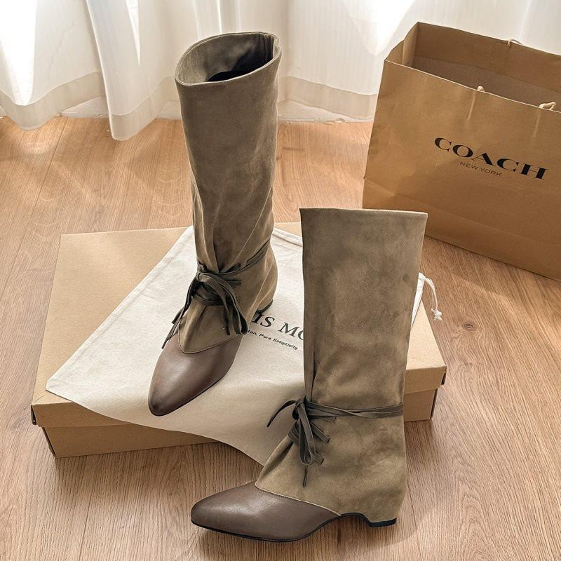 Pile thick heel autumn and winter knight boots pointed new thin but pleated boots knee retro boots women