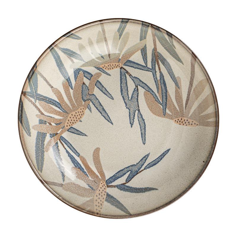 Deep Plate Creative Niche Plant Print Plate Household Ceramic Plate Restaurant Dish Salad Plate Tableware Round Plate