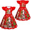 Kids Girls Cartoon Santa Claus Christmas Tree Elk Print Ruffle Sleevess New Year Dress