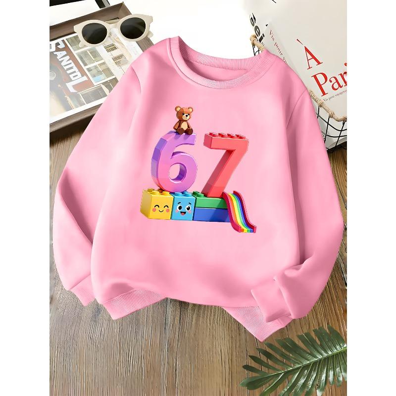 Kids Unisex Crewneck Sweatshirt, 3D Building Block Number 67 Cute Bear Rainbow Slide Print Soft Long Sleeve Pullover For Boys Girls Over 4 Years Old