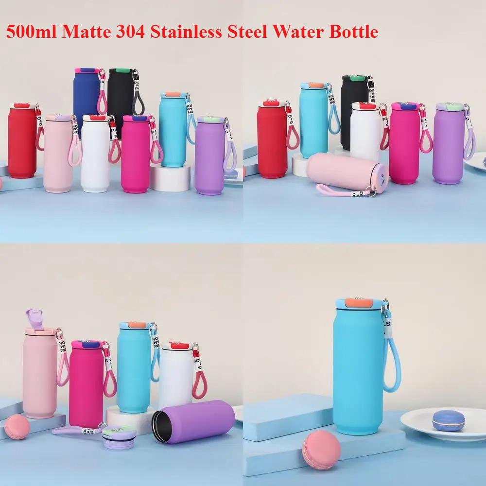 500ml Matte 304 Stainless Steel Water Bottle, Insulated Can-Style Flask with Carry Lanyard for Outdoor