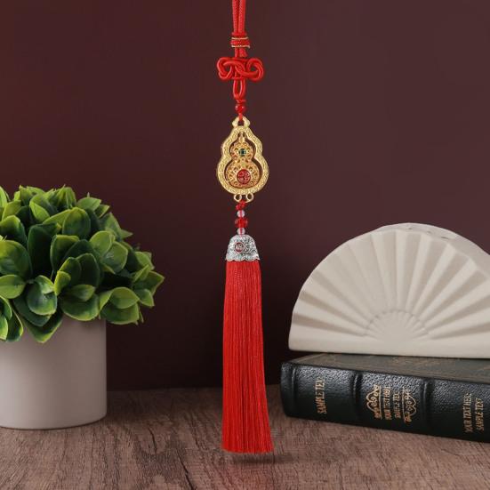 Chinese Style Gourd Car Hanging Decoration Rotatable Fu Character Gourd Tassels Car Rearview Mirror Charm Feng Shui Ornament Pendant Accessories