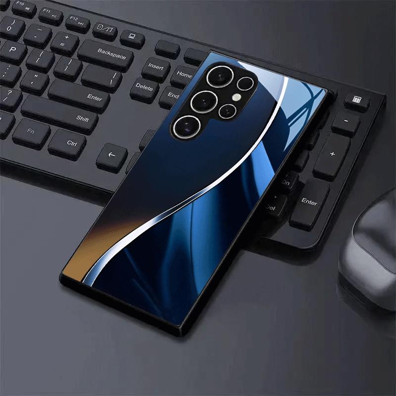 Schwarz-Silber-Fokus Kaltgehärtetes Glas Handyhülle geeignet für Samsung Galaxy S26 S25 S24 S22 S21 S20 FE/Ultra/Plus Sturzfest