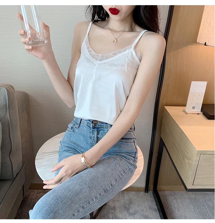 

Women s V-Neck Lace Sling Tank Top - Black Silk Satin, Loose Fit Medium білий