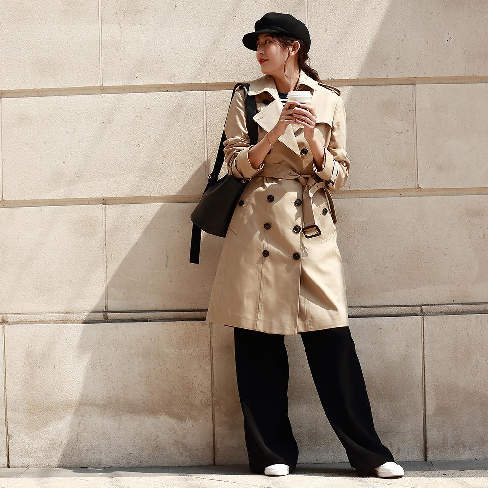Jarní nový populární trenčkot dámský kostkovaný splicing khaki Britský styl ležérní střední a dlouhý