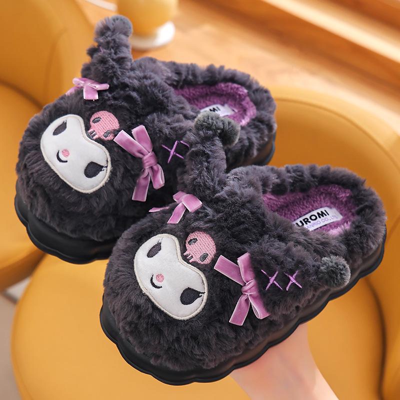 Sanrio Kuromi Plush Slippers for Girls: Cute, Cozy Cotton for Autumn/Winter, Indoor Parent-Child Matching