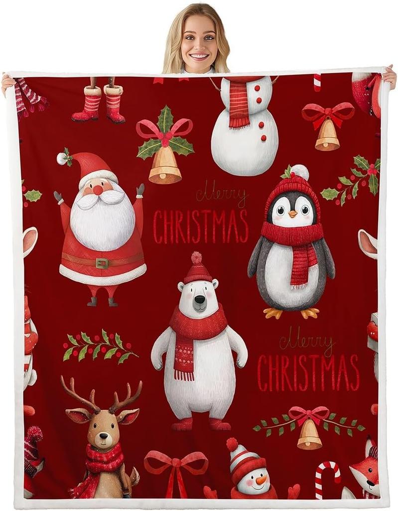 Pink Christmas Throw Blanket - Cartoon Santa Claus Fleece for Kids,Boys,Girls, Women - Snowman Pine Fuzzy Sherpa With Christmas