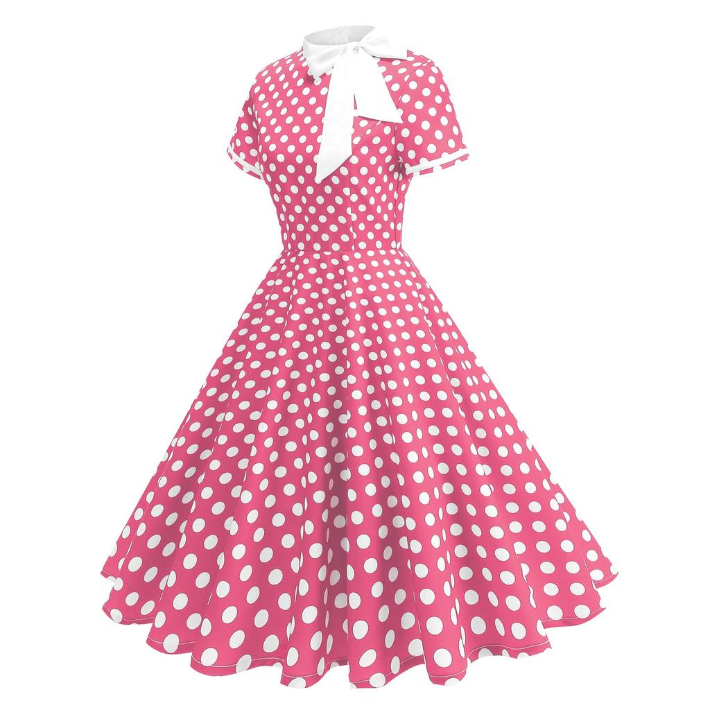 Dámské módní svěží puntíkované dlouhé a dlouhé swingové retro šaty