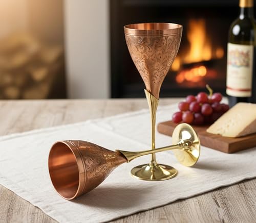 Stonkraft Engraved Brass Goblet Champagne Glass Flute Coupe Wine Glass Set (Copper Finish) - Brass Goblet Champagne Glass