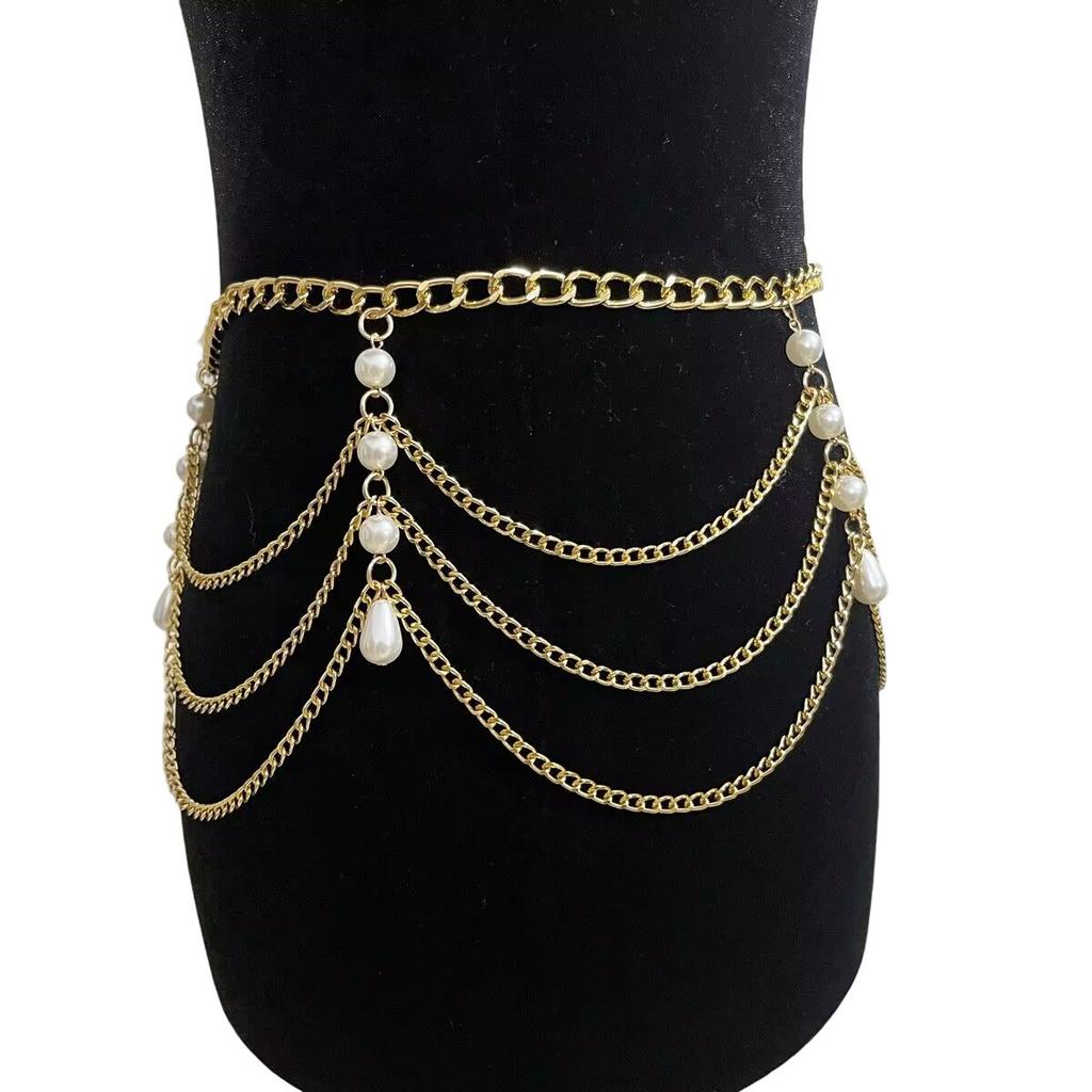Personalized Vintage Pearl Waist Chain Female Spice Girl Metal Multilayer Wave Tassel Body Chain