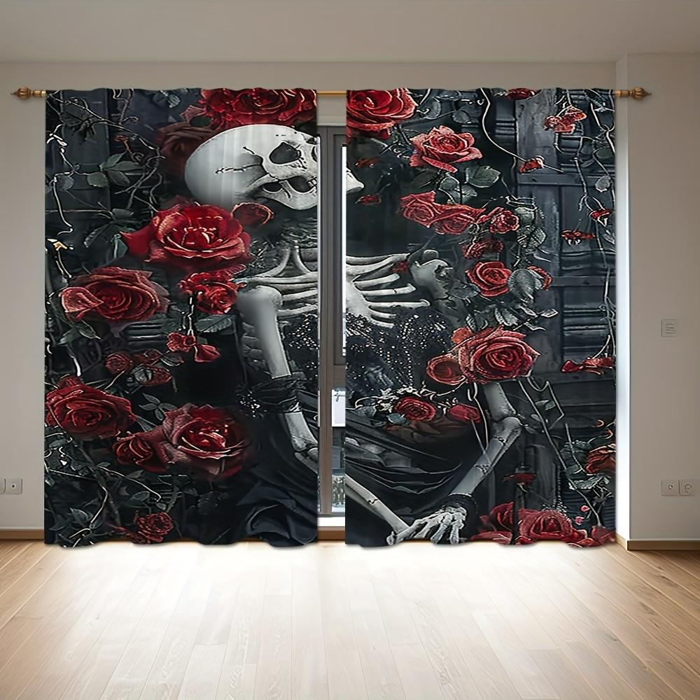 Skull and Red Rose Semi-Blackout Curtain Panels Contemporary Gothic Style 2-Piece 100% Polyester Drapes for Bedroom Window