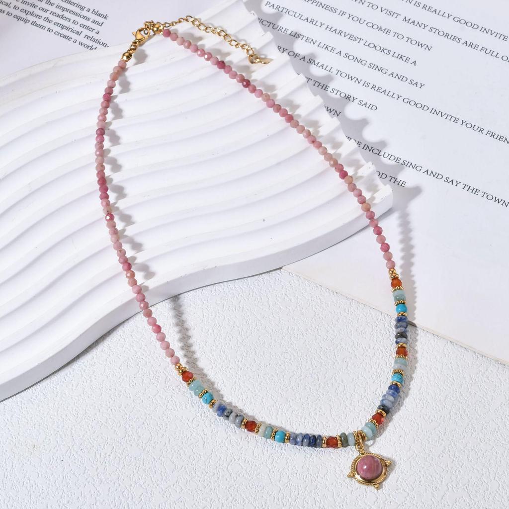 Colorful Natural Stone Pink Veined Beaded Necklace - Women's Light Luxury Fashion Clavicle Chain