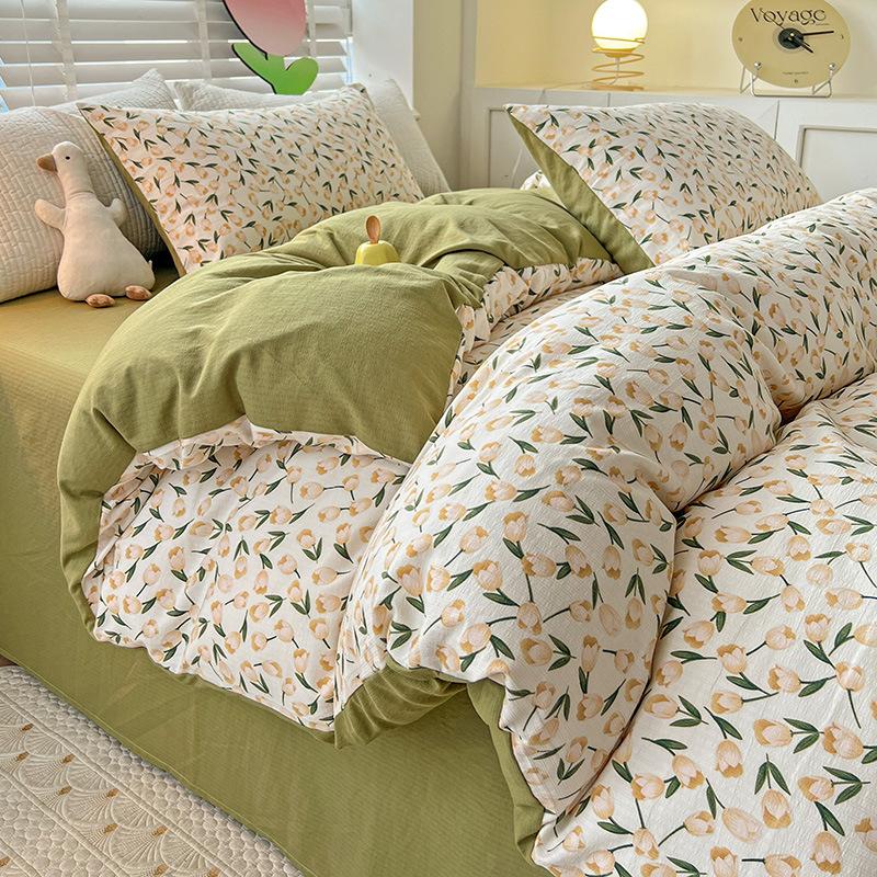 Class A Maternal And Infant Grade Bubble Cotton Bed Four-Piece Set Washed Cotton Bed Sheet Quilt Cover Bed Hat Student Dormitory 3Pcs Set