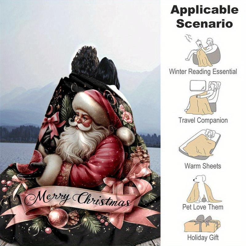 1pc Santa Claus Printing Lightweight Flannel Blanket, Comfortable and Warm Blanket, for Camping Sofa Bed and Couch Office, Gift Blankets In All