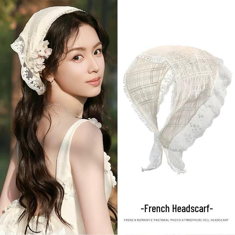 Women's French Lace Triangle Scarf: Lightweight, Breathable & Versatile Headscarf and Hair Ribbon