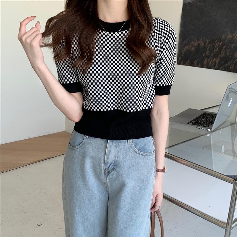Summer Retro Plaid Color Blocking Short Sleeve Knit Women Casual Bottom Shirt Top Casual Summer Essential Comfort and Style Slim Fit Pullovers Tees