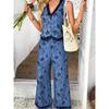 Printed V-neck Vest Wide Pants Set Print V-neck Vest Wide Leg Pants Set