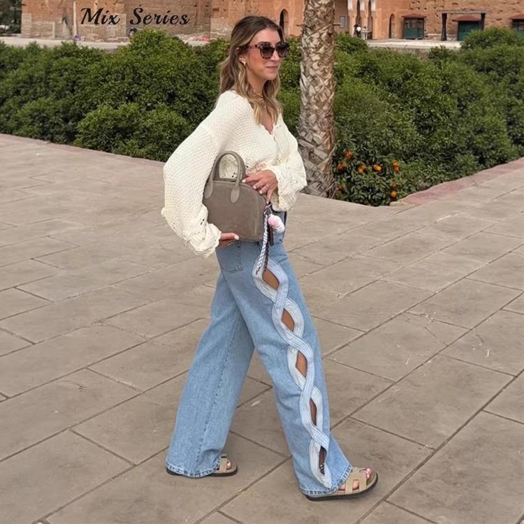 Women's High-waisted Loose-fit Straight-leg Jeans with Side Cut-outs and A Distressed Wash