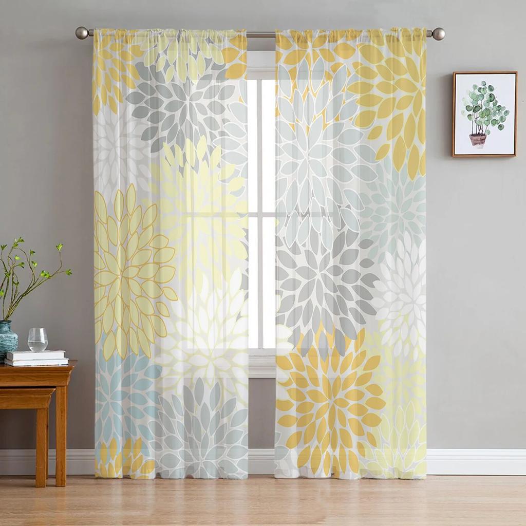 Perdele din tul cu flori galbene de culoare vintage Dahlia pentru sufragerie perdele transparente pentru dormitor perdea fereastră de bucătărie