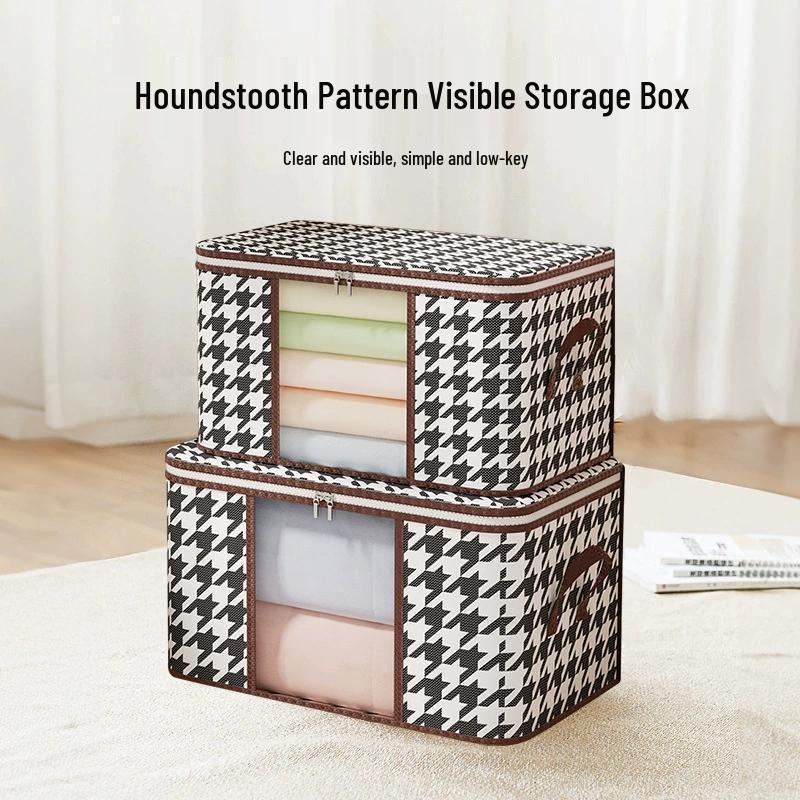 Large Capacity Clothing Storage Bag for Wardrobe - Quilts & Clothes Organizer with Clear Window Houndstooth Visible Window Medium 50L