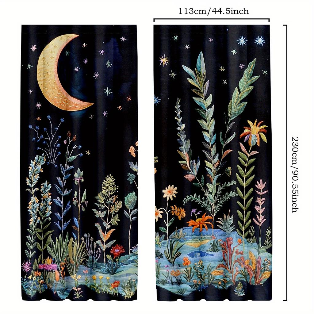 2pcs Black Night Mushroom Curtains   Boho Gothic & Botanical Moon-Star Design Drapes