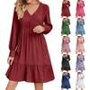 Women Casual V Neck Pleated High Waist Long Sleeve Loose Fit Dress with Ruffle Hem Lightweight Comfortable Fabric Suitable for Daily Wear