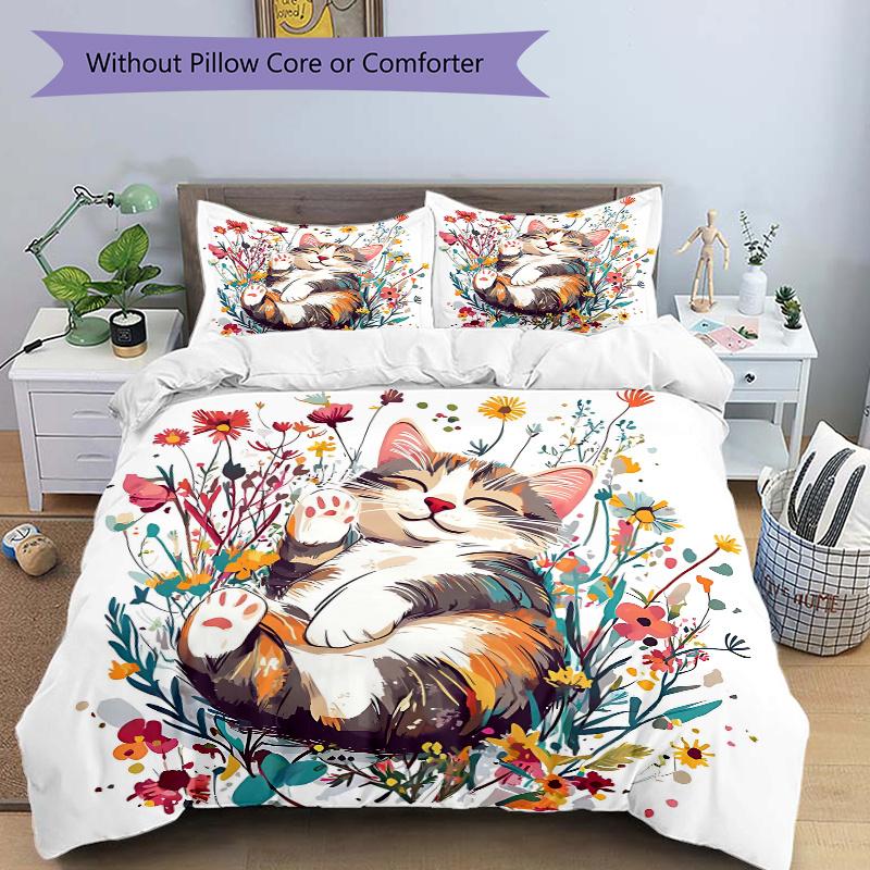 

3pcs Happy Cat Quilt Set - Soft and Comfortable Bedroom, Guest Room and Dorm Decor Bedding Set M063 135x200cm