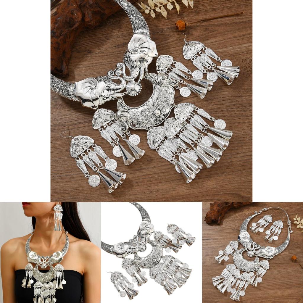 Miao Ethnic Elephant Bell Pendant Necklace With Geometric Alloy Design For Women