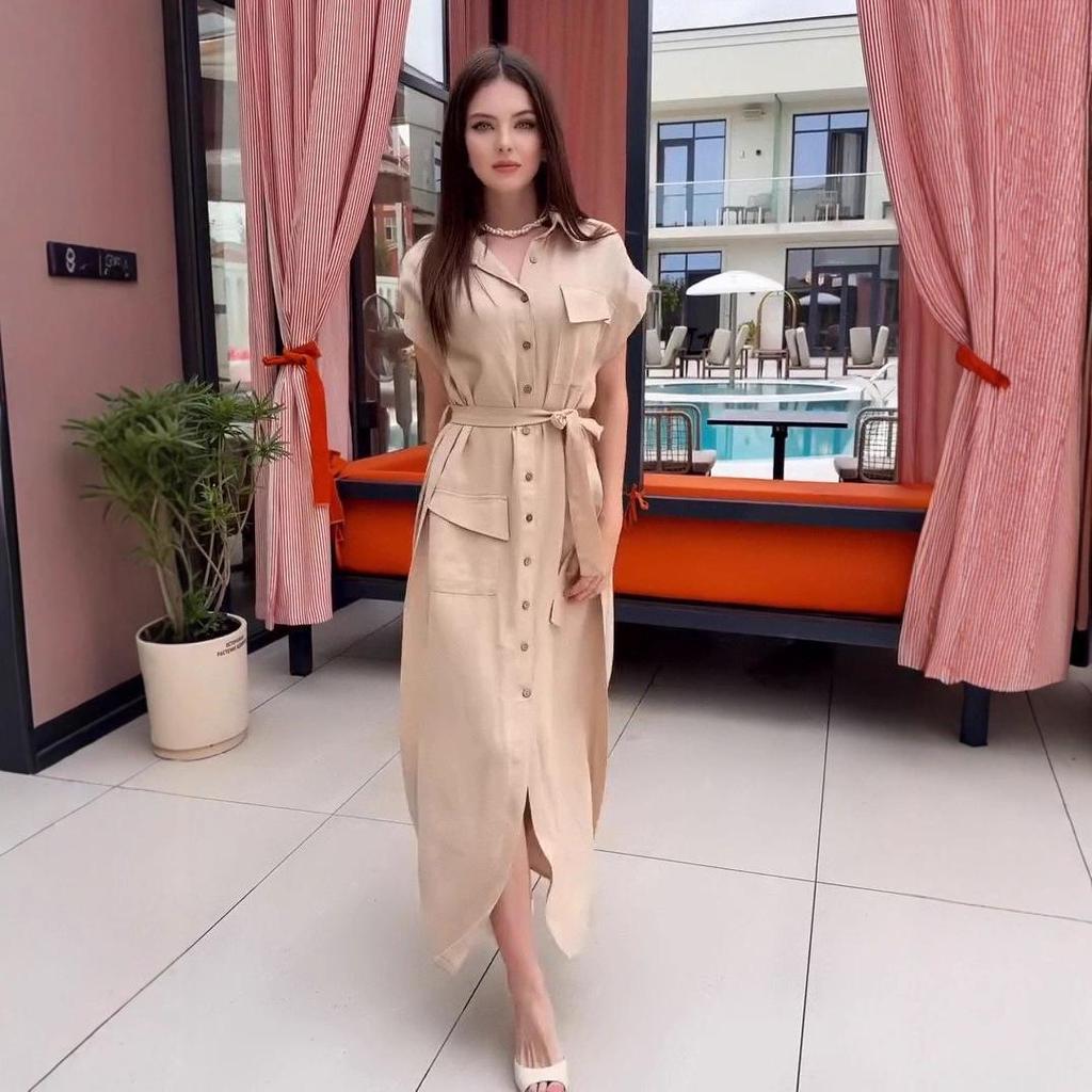 2025 Summer Women's Slimming Tie Waist Dress with Multi-button Design