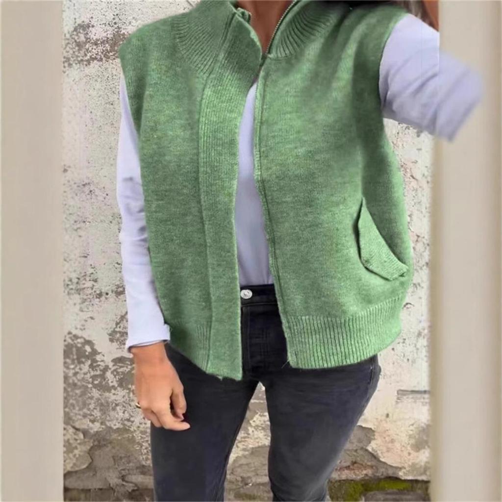 Winter Women's Stand Collar Zip Knitted Vest Loose Casual Open Front Sweater Gilet for Autumn Winter