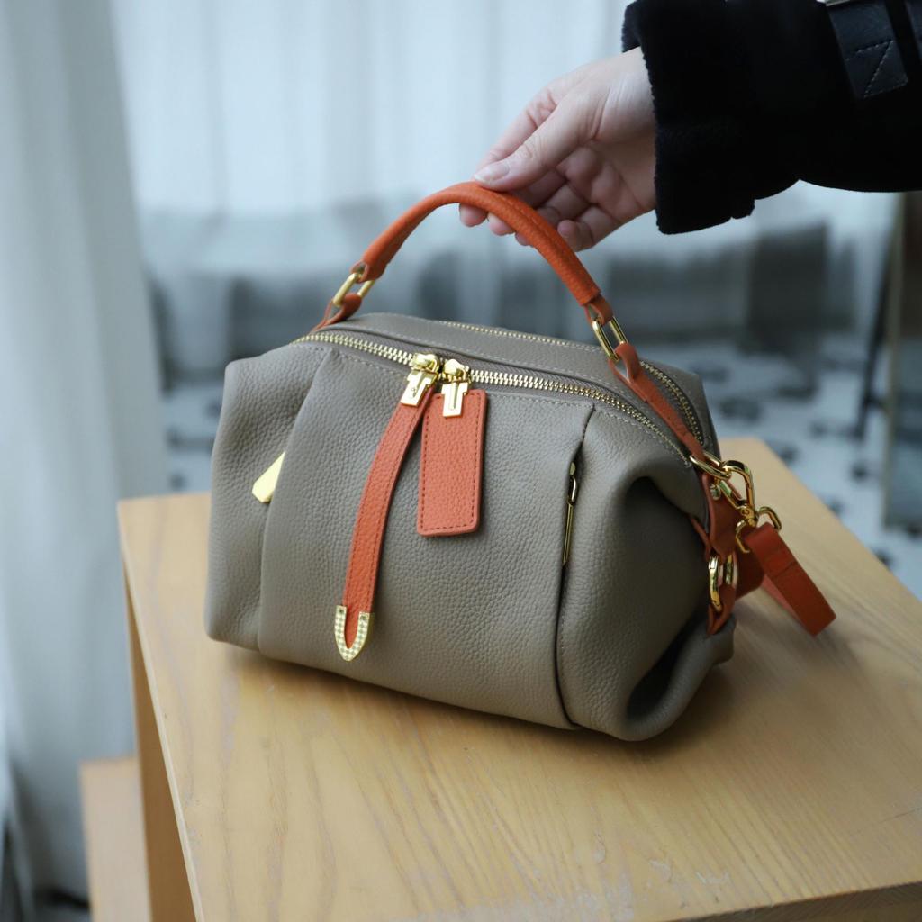 Korean Style Versatile Women's Handbag - Top Layer Cowhide, Color Blocking, Sequined Boston Shoulder Bag