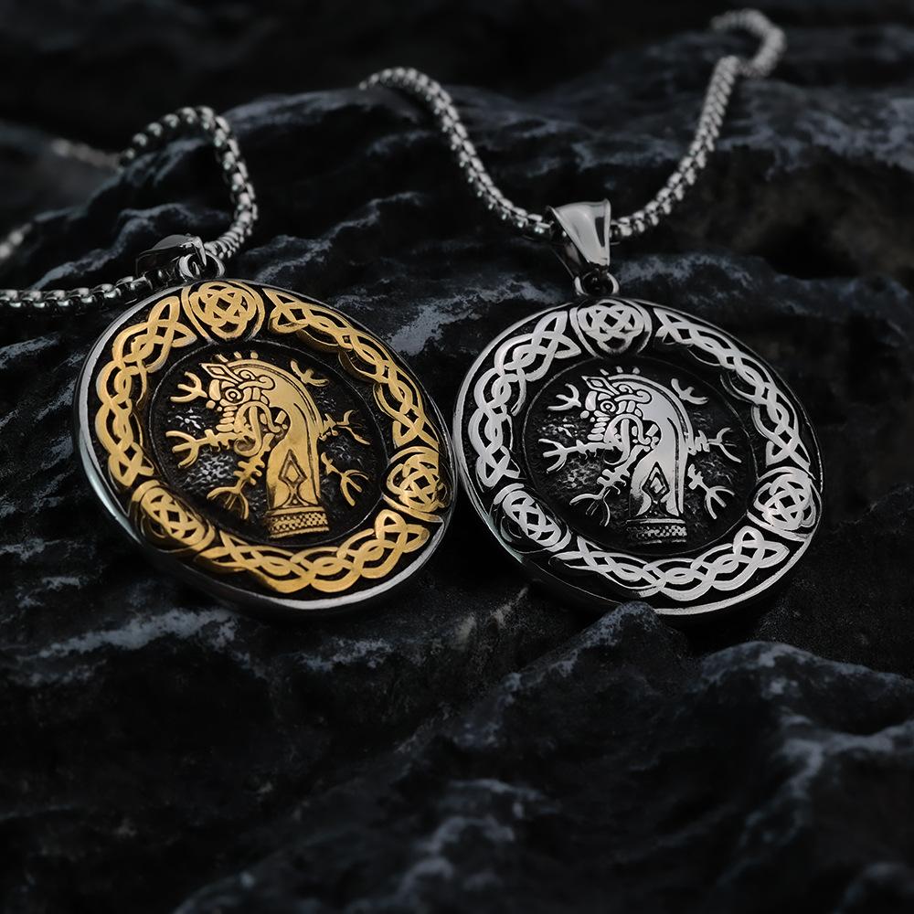 Viking Style Men's Pendant Necklace With Tree Of Life Dragon Compass In Antique Stainless Steel