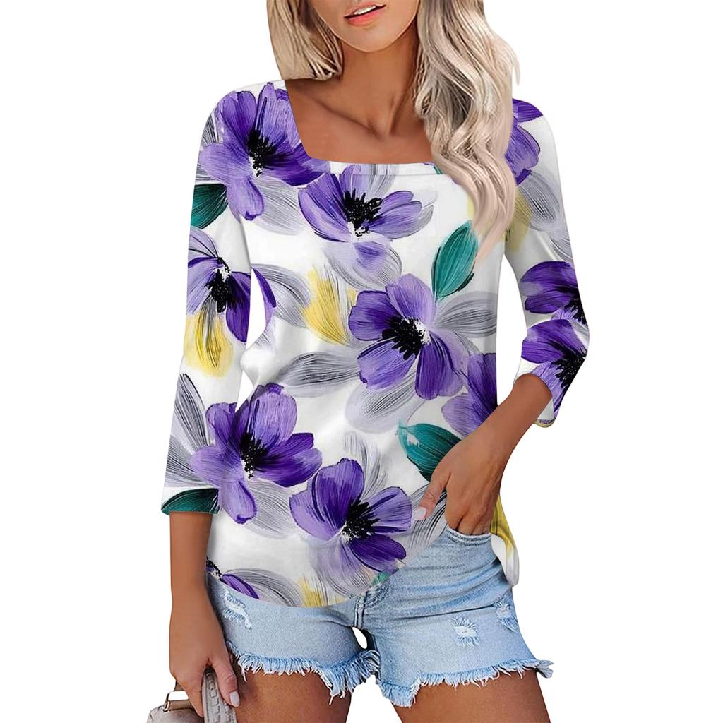 Women's T Shirt Tee Print 3/4 Sleeve Daily Weekend Fashion Basic Square Neck  Regular Top