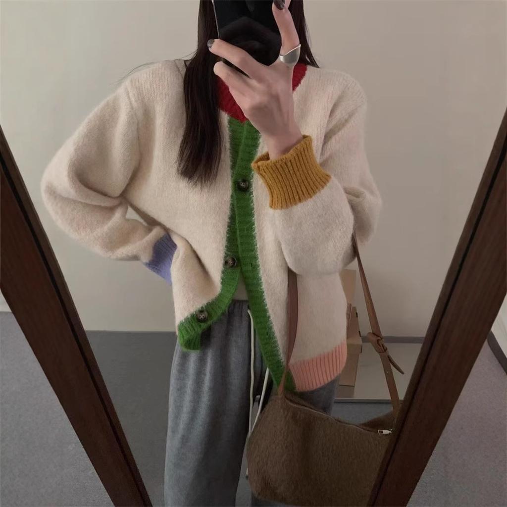 Korean lazy wind contrasting color knitted sweater women's autumn and winter 1011 new winter loose short knitted sweater jacket women