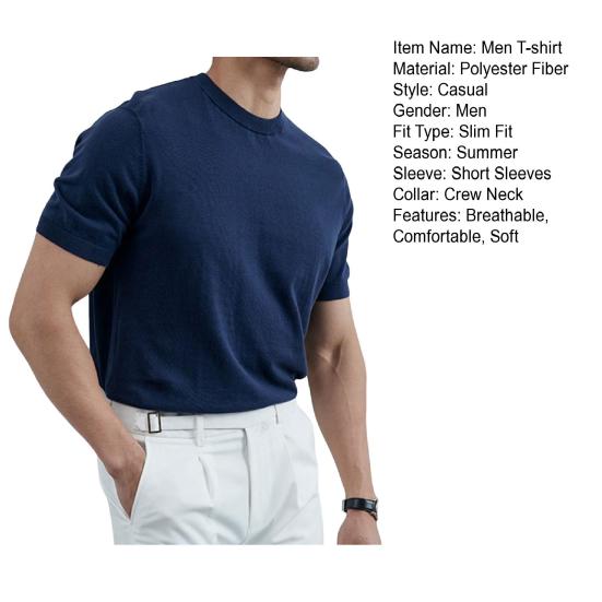 Summer Men T-Shirt Crew Neck Solid Color Short Sleeves Knitted Shirt Breathable Slim Fit Lightweight Basic Tee Casual Business Top