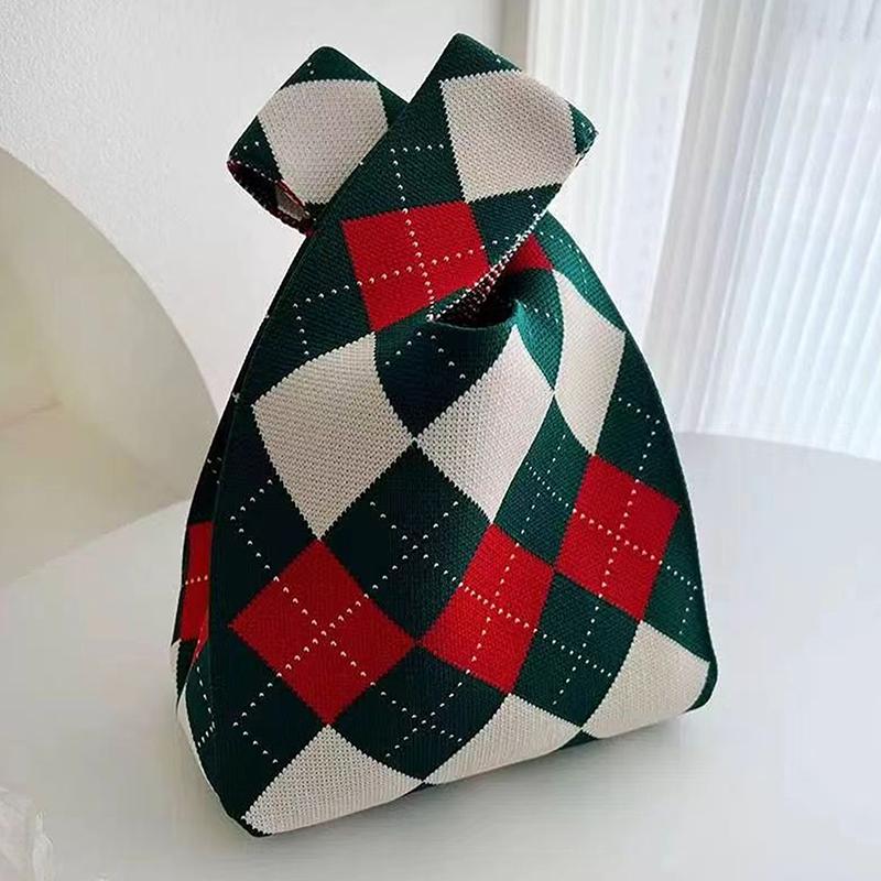 Przenośna Mini Pasiasta Torba Tote Ręcznie Robiona Dzianinowa Torba Damska Węzeł na Nadgarstek Torba Wiaderko na Telefon Duża Pojemność Jesień Zima Torebki