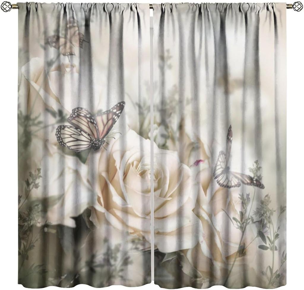 Blue Flower Butterfly Curtains Girls Boy Home Decor Spring Plant Daisy Floral Pattern Drapes Window Curtain With Rod Pocket Polyester