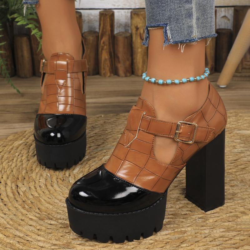 Elegant Deep Mouth Coarse Heel Casual Single Shoes for Women's  Autumn New Color Blocked Fashion Comfortable Versatile Pumps